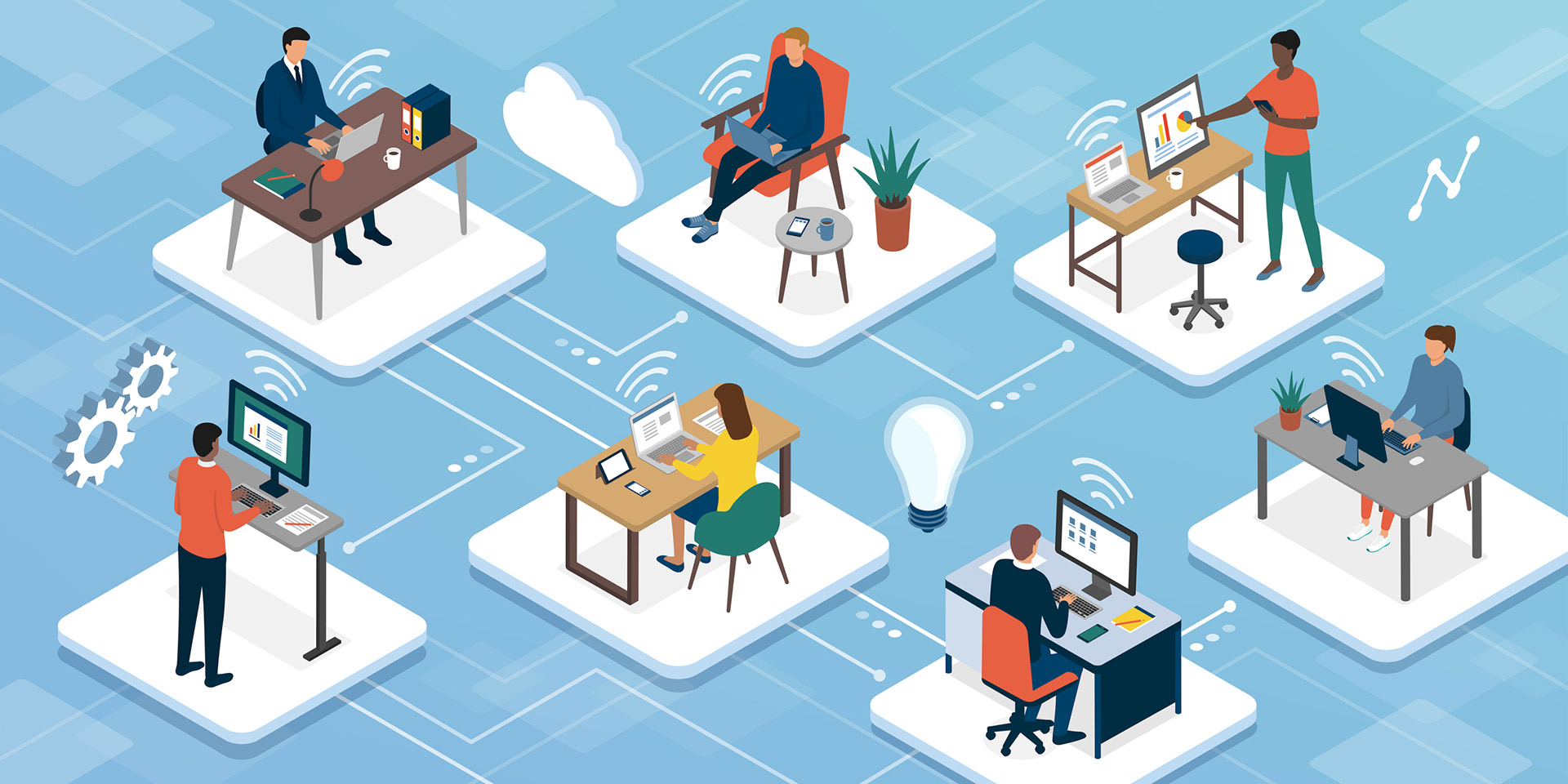 Professionals working in different scenarios.