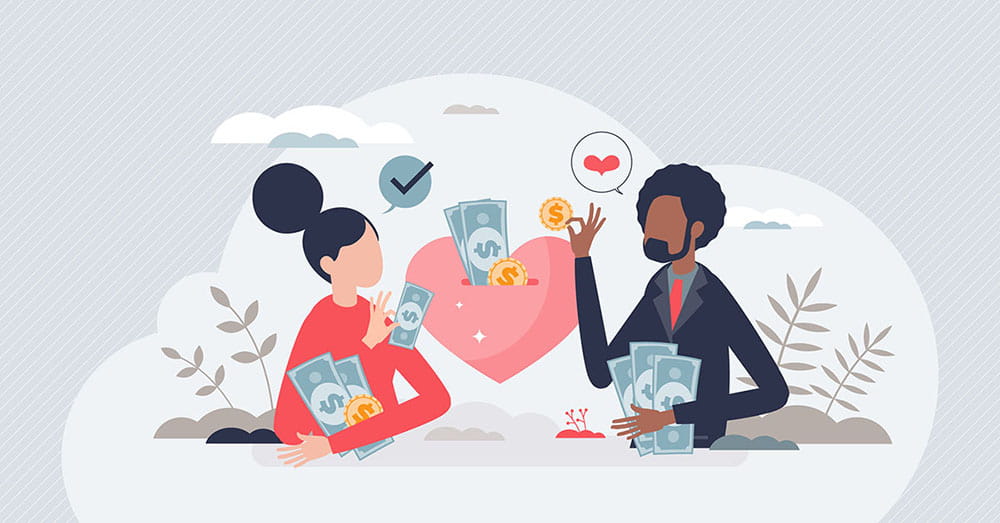 Illustration of a couple handling money